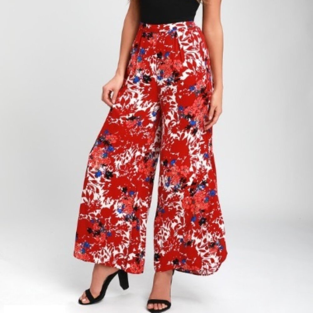 Free People Late Night Red Floral Print Wide-Leg Pants